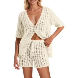 Saodimallsu Women Crochet 2 Piece Swimsuit Cover Up Short Sleeve Knit Tops Shorts Sets Summer Beach Vacation Outfit(Beige)