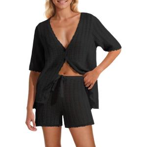 Saodimallsu Women Crochet 2 Piece Swimsuit Cover Up Short Sleeve Knit Tops Shorts Sets Summer Beach Vacation Outfit(Black)