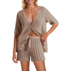 Saodimallsu Women Crochet 2 Piece Swimsuit Cover Up Short Sleeve Knit Tops Shorts Sets Summer Beach Vacation Outfit(Khaki)