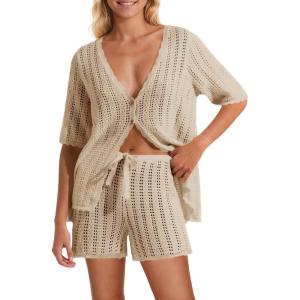 Saodimallsu Women Crochet 2 Piece Swimsuit Cover Up Short Sleeve Knit Tops Shorts Sets Summer Beach Vacation Outfit(Light Khaki)