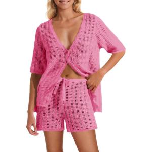 Saodimallsu Women Crochet 2 Piece Swimsuit Cover Up Short Sleeve Knit Tops Shorts Sets Summer Beach Vacation Outfit(Pink)