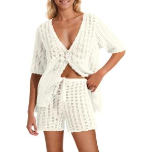 Saodimallsu Women Crochet 2 Piece Swimsuit Cover Up Short Sleeve Knit Tops Shorts Sets Summer Beach Vacation Outfit(White)