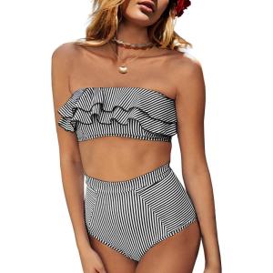 Saodimallsu Women High Waisted 2 Piece Bikini Set Bandeau Ruffle Swimsuit Top Striped Bathing Suits(Black)