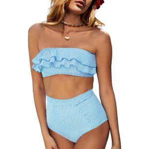 Saodimallsu Women High Waisted 2 Piece Bikini Set Bandeau Ruffle Swimsuit Top Striped Bathing Suits(Blue)