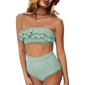 Saodimallsu Women High Waisted 2 Piece Bikini Set Bandeau Ruffle Swimsuit Top Striped Bathing Suits(Grass Green)