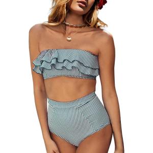 Saodimallsu Women High Waisted 2 Piece Bikini Set Bandeau Ruffle Swimsuit Top Striped Bathing Suits(Green)