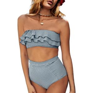 Saodimallsu Women High Waisted 2 Piece Bikini Set Bandeau Ruffle Swimsuit Top Striped Bathing Suits(Navy)