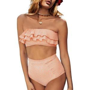 Saodimallsu Women High Waisted 2 Piece Bikini Set Bandeau Ruffle Swimsuit Top Striped Bathing Suits(Orange)