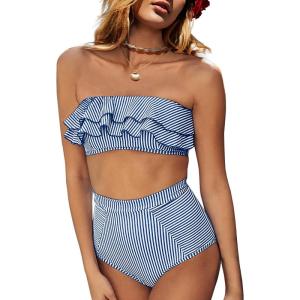 Saodimallsu Women High Waisted 2 Piece Bikini Set Bandeau Ruffle Swimsuit Top Striped Bathing Suits(Royal Blue)