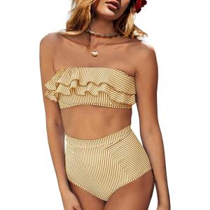 Saodimallsu Women High Waisted 2 Piece Bikini Set Bandeau Ruffle Swimsuit Top Striped Bathing Suits(Yellow)