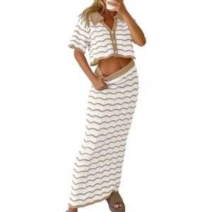 Saodimallsu Women Striped Beach Cover Up Set Button Short Sleeve Collared Crop Top Maxi Skirt Crochet 2 Piece Outfits(Camel)