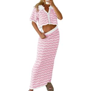 Saodimallsu Women Striped Beach Cover Up Set Button Short Sleeve Collared Crop Top Maxi Skirt Crochet 2 Piece Outfits(Pink)