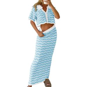 Saodimallsu Women Striped Beach Cover Up Set Button Short Sleeve Collared Crop Top Maxi Skirt Crochet 2 Piece Outfits(Sky Blue)