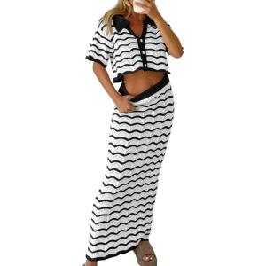 Saodimallsu Women Striped Beach Cover Up Set Button Short Sleeve Collared Crop Top Maxi Skirt Crochet 2 Piece Outfits(White)