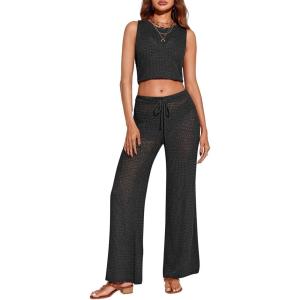 Saodimallsu Womens 2 Piece Crochet Swimsuit Cover Up Sleeveless Crop Top Drawstring Long Pants Set Beach Outfits(Black)