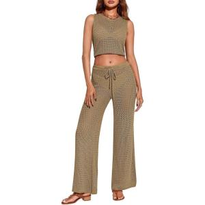 Saodimallsu Womens 2 Piece Crochet Swimsuit Cover Up Sleeveless Crop Top Drawstring Long Pants Set Beach Outfits(Brown)