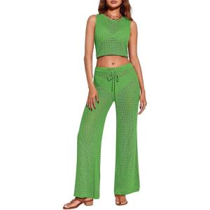 Saodimallsu Womens 2 Piece Crochet Swimsuit Cover Up Sleeveless Crop Top Drawstring Long Pants Set Beach Outfits(Green)
