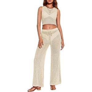 Saodimallsu Womens 2 Piece Crochet Swimsuit Cover Up Sleeveless Crop Top Drawstring Long Pants Set Beach Outfits(Khaki)