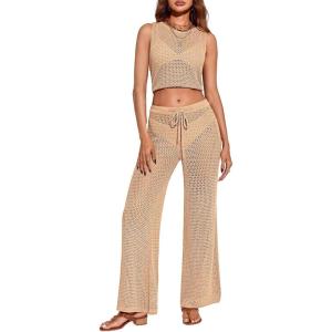 Saodimallsu Womens 2 Piece Crochet Swimsuit Cover Up Sleeveless Crop Top Drawstring Long Pants Set Beach Outfits(Light Khaki)