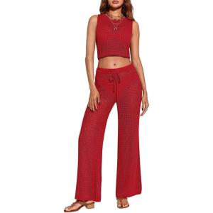 Saodimallsu Womens 2 Piece Crochet Swimsuit Cover Up Sleeveless Crop Top Drawstring Long Pants Set Beach Outfits(Red)