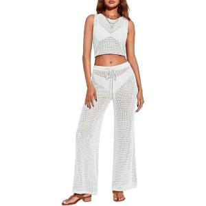 Saodimallsu Womens 2 Piece Crochet Swimsuit Cover Up Sleeveless Crop Top Drawstring Long Pants Set Beach Outfits(White)