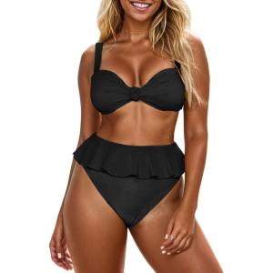 Saodimallsu Womens 2 Piece High Waisted Swimsuit Ruffle Bikini Sets Twist Knot Ribbed Bathing Suits(Black)