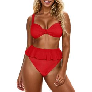 Saodimallsu Womens 2 Piece High Waisted Swimsuit Ruffle Bikini Sets Twist Knot Ribbed Bathing Suits(Red)