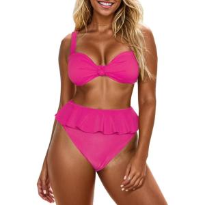 Saodimallsu Womens 2 Piece High Waisted Swimsuit Ruffle Bikini Sets Twist Knot Ribbed Bathing Suits(Rose Red)