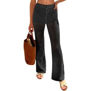 Saodimallsu Womens Beach Cover Up Pants Boho Crochet Knit High Waist Drawstring Sheer Hollow Swim Pant Swimwear(Black)