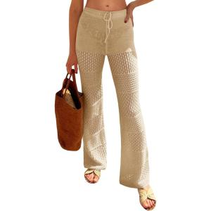 Saodimallsu Womens Beach Cover Up Pants Boho Crochet Knit High Waist Drawstring Sheer Hollow Swim Pant Swimwear(Khaki)
