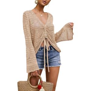Saodimallsu Womens Boho Off Shoulder Sheer Crop Tops Bell Sleeve Flowy Oversized Crochet Ruched Pullover Sweaters(Apricot)
