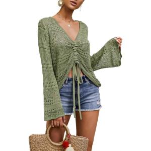 Saodimallsu Womens Boho Off Shoulder Sheer Crop Tops Bell Sleeve Flowy Oversized Crochet Ruched Pullover Sweaters(Army Green)
