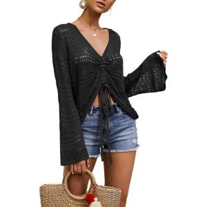 Saodimallsu Womens Boho Off Shoulder Sheer Crop Tops Bell Sleeve Flowy Oversized Crochet Ruched Pullover Sweaters(Black)