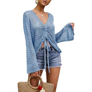 Saodimallsu Womens Boho Off Shoulder Sheer Crop Tops Bell Sleeve Flowy Oversized Crochet Ruched Pullover Sweaters(Blue)
