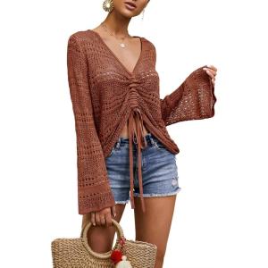 Saodimallsu Womens Boho Off Shoulder Sheer Crop Tops Bell Sleeve Flowy Oversized Crochet Ruched Pullover Sweaters(Brick Red)