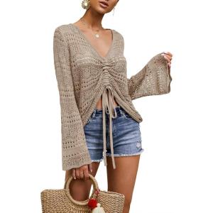Saodimallsu Womens Boho Off Shoulder Sheer Crop Tops Bell Sleeve Flowy Oversized Crochet Ruched Pullover Sweaters(Dark Khaki)