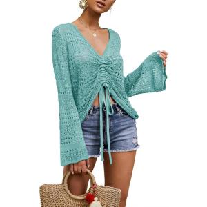 Saodimallsu Womens Boho Off Shoulder Sheer Crop Tops Bell Sleeve Flowy Oversized Crochet Ruched Pullover Sweaters(Green)