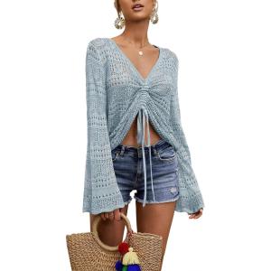 Saodimallsu Womens Boho Off Shoulder Sheer Crop Tops Bell Sleeve Flowy Oversized Crochet Ruched Pullover Sweaters(Light Blue)