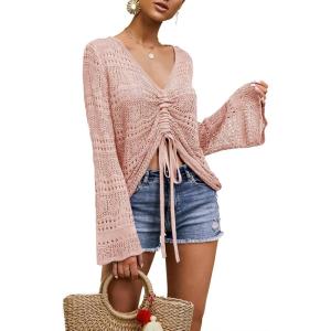 Saodimallsu Womens Boho Off Shoulder Sheer Crop Tops Bell Sleeve Flowy Oversized Crochet Ruched Pullover Sweaters(Light Pink)