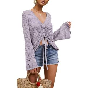 Saodimallsu Womens Boho Off Shoulder Sheer Crop Tops Bell Sleeve Flowy Oversized Crochet Ruched Pullover Sweaters(Light Purple)