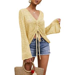 Saodimallsu Womens Boho Off Shoulder Sheer Crop Tops Bell Sleeve Flowy Oversized Crochet Ruched Pullover Sweaters(Light Yellow 1)