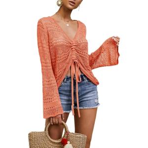 Saodimallsu Womens Boho Off Shoulder Sheer Crop Tops Bell Sleeve Flowy Oversized Crochet Ruched Pullover Sweaters(Orange)