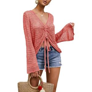 Saodimallsu Womens Boho Off Shoulder Sheer Crop Tops Bell Sleeve Flowy Oversized Crochet Ruched Pullover Sweaters(Red)
