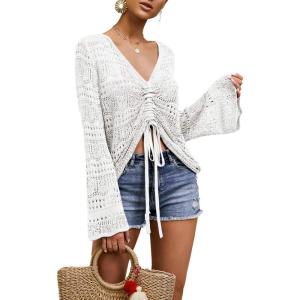 Saodimallsu Womens Boho Off Shoulder Sheer Crop Tops Bell Sleeve Flowy Oversized Crochet Ruched Pullover Sweaters(White)