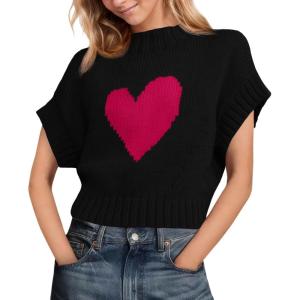Saodimallsu Womens Cap Sleeve Cropped Sweater Mock Neck Cute Heart Loose Valentine Knit Tank Tops(Black)