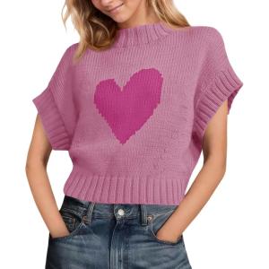 Saodimallsu Womens Cap Sleeve Cropped Sweater Mock Neck Cute Heart Loose Valentine Knit Tank Tops(Pink)