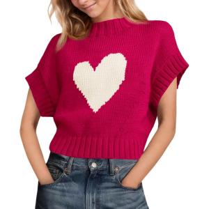 Saodimallsu Womens Cap Sleeve Cropped Sweater Mock Neck Cute Heart Loose Valentine Knit Tank Tops(Red)