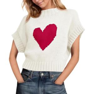 Saodimallsu Womens Cap Sleeve Cropped Sweater Mock Neck Cute Heart Loose Valentine Knit Tank Tops(White)