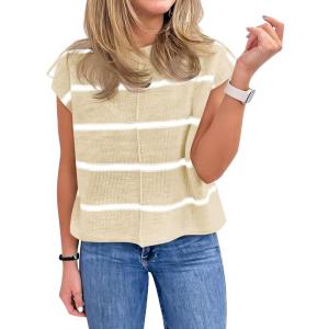 Saodimallsu Womens Cap Sleeve Tank Tops Striped Crew Neck Casual Loose Fit Spring Summer Pullover Knit Sweater Vest(Beige)