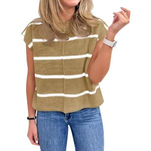 Saodimallsu Womens Cap Sleeve Tank Tops Striped Crew Neck Casual Loose Fit Spring Summer Pullover Knit Sweater Vest(Camel)